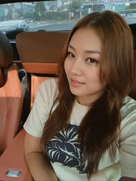 arafed woman sitting in a car with an orange seat belt, 8k selfie photograph, sitting in her car, orange and black, she has long orange brown hair, black and orange, taken with canon eos 5 d, 38 years old, joy ang, front profile!!!!, taken on go pro hero8,...