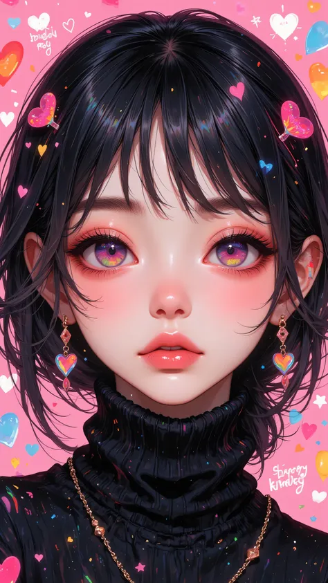 8k, Masterpiece, Top Quality, Close-up, frontal, large eyes, heart-shaped highlights, rosy cheeks, soft expression, dark hair, heart-shaped accessories, black turtleneck, colorful hearts, stars, doodles, rainbow stripes, playful designs, heart-shaped earri...