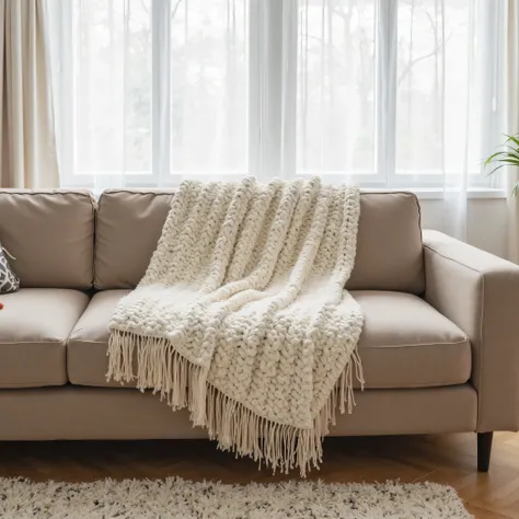 Make me a fringed blanket on a modern, partly beige sofa and that the windows that appear have white curtains with a good fit. The entire blanket must appear, until the part of it that touches the ground.