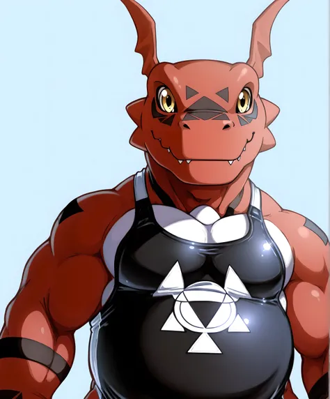 guilmon, high quality, male, solo, simple background, no background, looking at viewer, posing, half body, thick arms, ((wearing black wrestling_singlet, black wrestling singlet)),