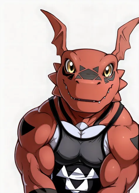 guilmon, high quality, male, solo, simple background, no background, looking at viewer, posing, half body, thick arms, ((wearing black wrestling_singlet, black wrestling singlet)),