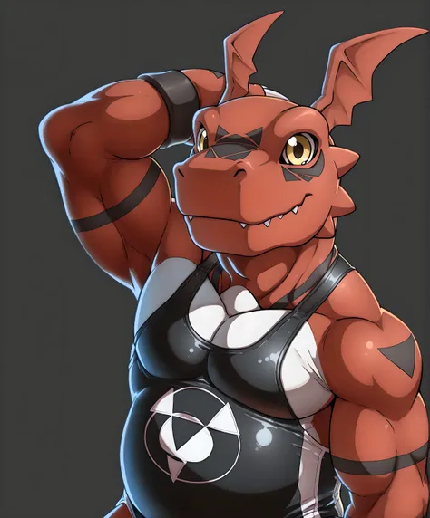 guilmon, high quality, male, solo, simple background, no background, looking at viewer, posing, half body, thick arms, ((wearing black wrestling_singlet, black wrestling singlet)),