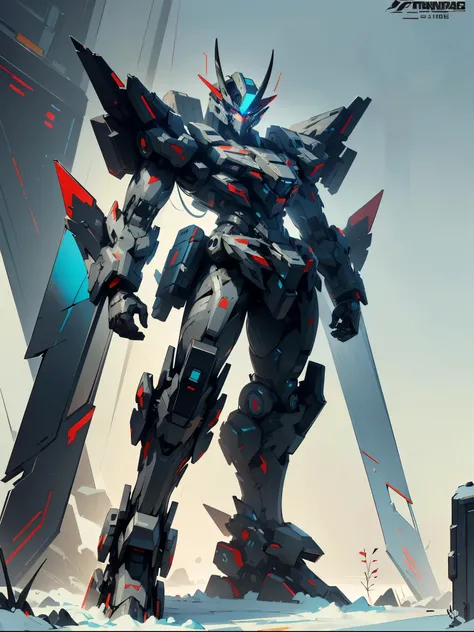 Cool mecha style, winter concept art, in style of apex legends, high quality digital concept art, mecha asthetic, very detailed concept art, (Large Horns on Head) , Black and Red Transformer, (Blue Eyes), Standing On Path, Sleek Body, Black Colored Head