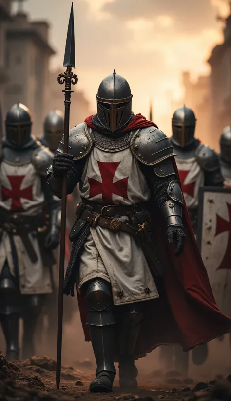 **Prompt:** Create a captivating hyper-realistic panoramic wide-angle image that transports viewers to medieval christian Europe, showcasing a symmetrically balanced composition. In the foreground, a determined patrol unit of Templar knights brotherhood cl...