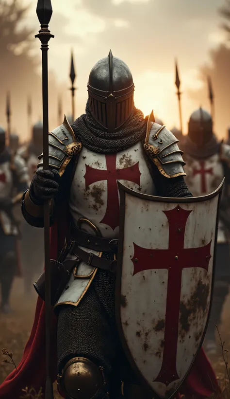 **Prompt:** Create a captivating hyper-realistic panoramic wide-angle image that transports viewers to medieval christian Europe, showcasing a symmetrically balanced composition. In the foreground, a determined patrol unit of Templar knights brotherhood cl...