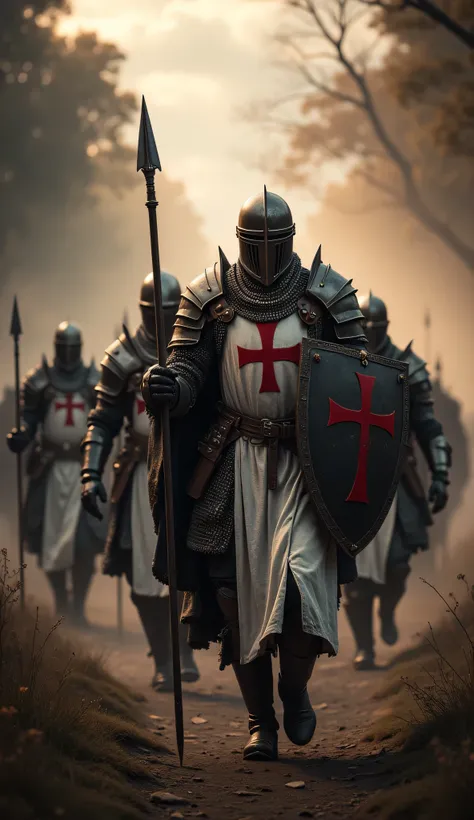 **Prompt:** Create a captivating hyper-realistic panoramic wide-angle image that transports viewers to medieval christian Europe, showcasing a symmetrically balanced composition. In the foreground, a determined patrol unit of Templar knights brotherhood cl...