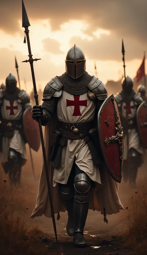 **Prompt:** Create a captivating hyper-realistic panoramic wide-angle image that transports viewers to medieval christian Europe, showcasing a symmetrically balanced composition. In the foreground, a determined patrol unit of Templar knights brotherhood cl...