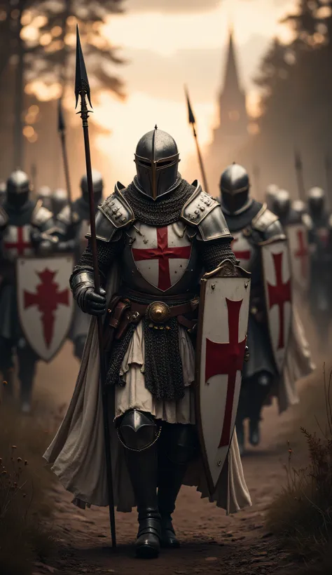 **Prompt:** Create a captivating hyper-realistic panoramic wide-angle image that transports viewers to medieval christian Europe, showcasing a symmetrically balanced composition. In the foreground, a determined patrol unit of Templar knights brotherhood cl...