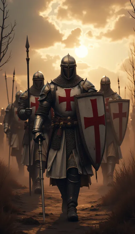 **Prompt:** Create a captivating hyper-realistic panoramic wide-angle image that transports viewers to medieval christian Europe, showcasing a symmetrically balanced composition. In the foreground, a determined patrol unit of Templar knights brotherhood cl...