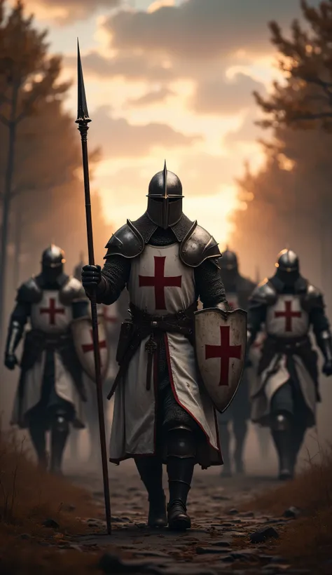 **Prompt:** Create a captivating hyper-realistic panoramic wide-angle image that transports viewers to medieval christian Europe, showcasing a symmetrically balanced composition. In the foreground, a determined patrol unit of Templar knights brotherhood cl...