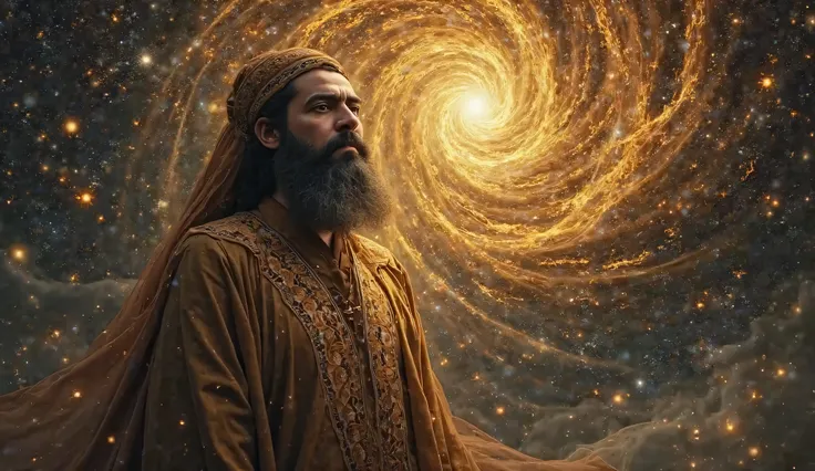 A mystical portrait of Imadeddin Nasimi, the 14th-century Azerbaijani poet and Sufi mystic, standing under a cosmic sky filled with swirling galaxies and ancient calligraphy glowing in golden light. His deep, thoughtful eyes reflect divine wisdom, while et...