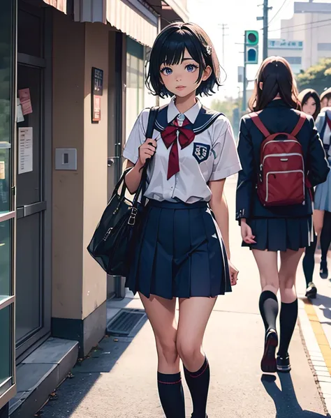 There is a woman walking down the street wearing a uniform, Japanese school uniform, wearing Japanese school uniform, Japanese high school girl uniform, seifuku, wearing skirt and knee socks, Japanese high school, high school girl, wearing school uniform, ...