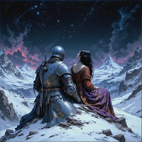Imagine a breathtaking mountainous landscape, where snow-capped peaks rise in irregular shapes against a star-studded night sky. In the center of this composition, a knight in full armor rests on a flat rock, next to a young woman in a long dress and adorn...