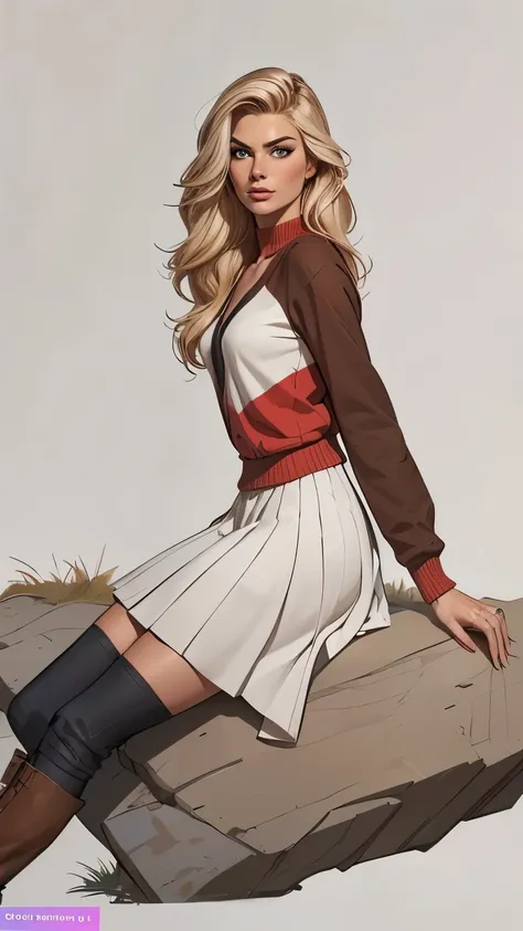 (cartoon style:1.2), cartoon comics style 1.2,Stuning artistic pin-up , marina Laswick very very beautiful, Beautiful skin, blue eyes, very beautiful short white and red pleated spring dress very low cut, long brown sleeved sweater, elegant long brown boot...