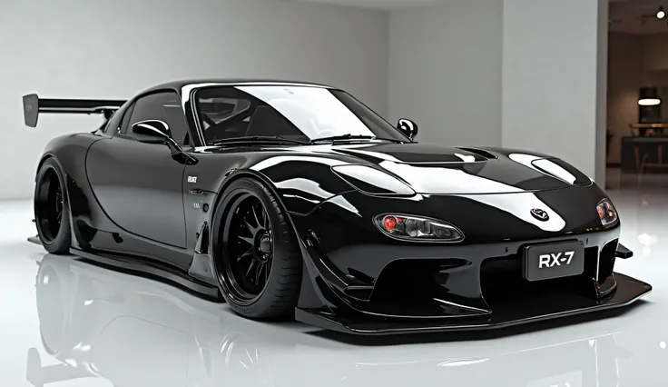 create an ultra-detailed 3D render (Front Right) view, of a modern ( Mazda RX-7) with a bold designy looking long like limousine captured from ( Front view Right). The car should feature a 'Gleamy oily (Oily metallic Black)' color and black accents with a ...