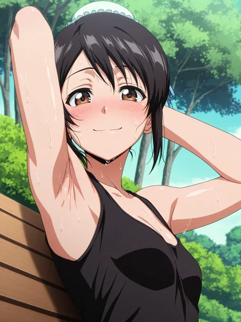 masterpiece, best quality, amazing quality, anime screencap, anime coloring, 1girl, solo, momohinamori, black hair, single hair bun, bun cover, brown eyes, small breasts, black tank top, sleeveless, bare shoulders, bare arms, arm behind head, armpit, head ...