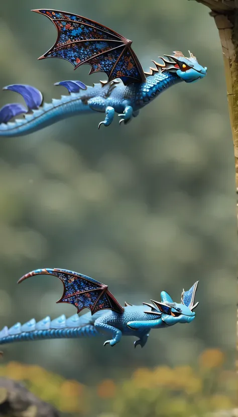 Little Flying Dragon, alas, scales in shades of blue, black eyes, Legs with claws, Lindwurm, cartoon