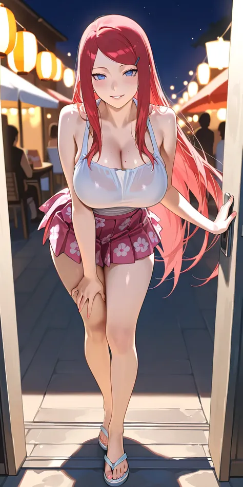 One panel view, Masterpiece, newest, vibrant, very aesthetic, high contrast, mature woman, kushina\(naruto\), white top, pink pleated mini skirt, white flip flops, big breast, full body, parted lips, smile, night on the beach, best quality, semrealistic, f...