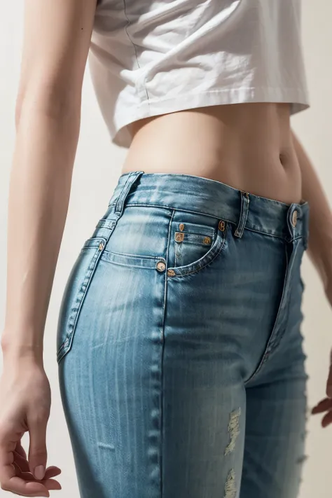 Young and diverse model wearing tight women's jeans (skinny ou mom fit) in medium wash with faded details. Pose natural, cropped white t-shirt, Light neutral background , soft lighting, focus on the texture and fit of the pants. Realistic and professional ...