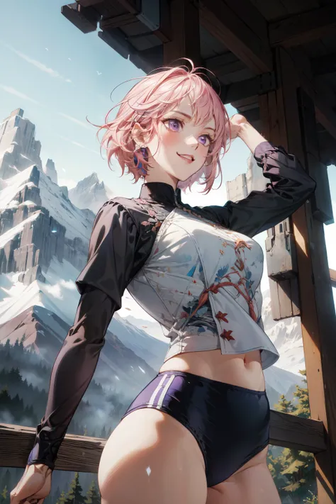 (absurdres, highres, ultra detailed, masterpiece, best quality), cowboy shot, dutch angle, finely detailed eyes and detailed face, intricate details, complex background, cinematic lighting, 1girl, solo, lob hair, pink hair, purple eyes, majestic peaks, rug...