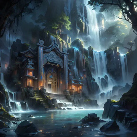 a close up of a waterfall with a building in the middle of it, mysterious temple setting, andreas rocha style, a mystical temple, atmospheric fantasy setting, inspired by Andreas Rocha, symmetrical epic fantasy art, detailed fantasy digital art, the style ...