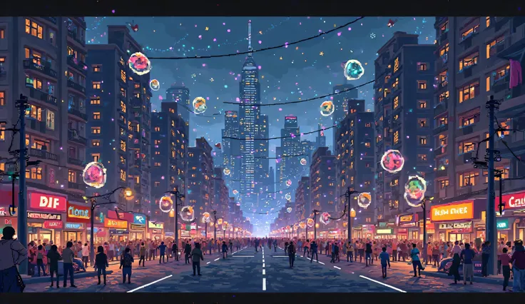 Pixel art of crowded city at night with bubbles