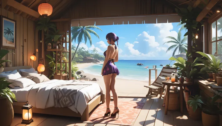 "A woman working on her laptop late at night in a tropical beach hut. She is wearing a breezy purple mini dress, with the sound of waves and lofi music blending together. The room is lit by a single lantern, and the open window reveals moonlit palm trees a...
