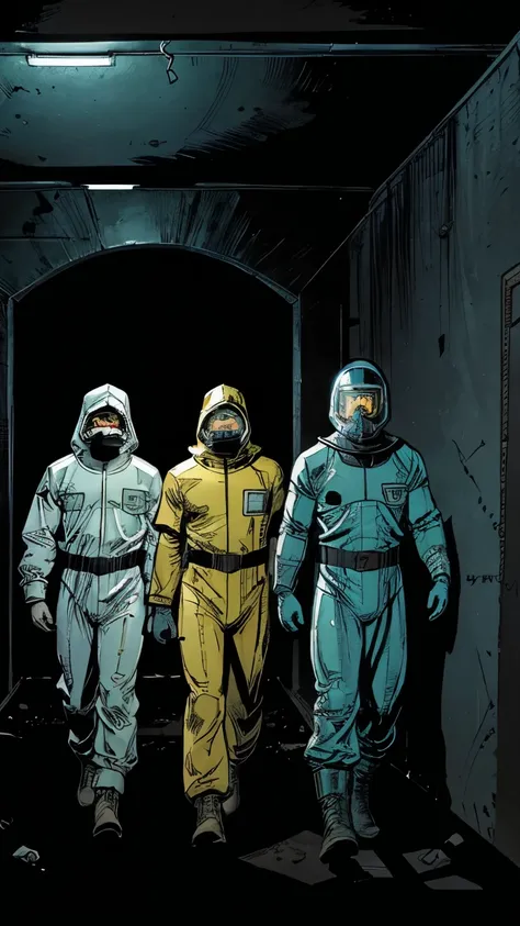 "Three determined looking men wear radiation protection suits, holding antique lanterns. They are in a tight, dark tunnel, with contaminated water up to their waist. The bluish glow of radiation reflects off the walls. Serious and resolute expressions show...