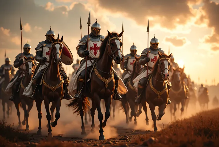 **Prompt:** Create an immersive hyper-realistic panoramic wide-angle image that draws viewers into the heart of medieval Christian Europe, emphasizing a carefully balanced composition. In the foreground, depict a courageous unit of Templar cavalry knights,...