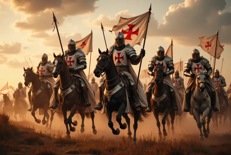 **Prompt:** Create an immersive hyper-realistic panoramic wide-angle image that draws viewers into the heart of medieval Christian Europe, emphasizing a carefully balanced composition. In the foreground, depict a courageous unit of Templar cavalry knights,...