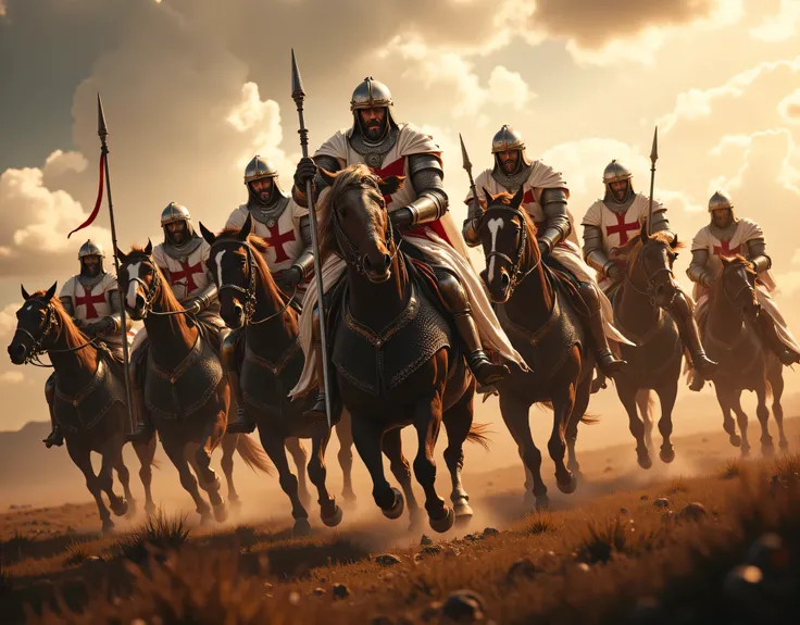 **Prompt:** Create an immersive hyper-realistic panoramic wide-angle image that draws viewers into the heart of medieval Christian Europe, emphasizing a carefully balanced composition. In the foreground, depict a courageous unit of Templar cavalry knights,...
