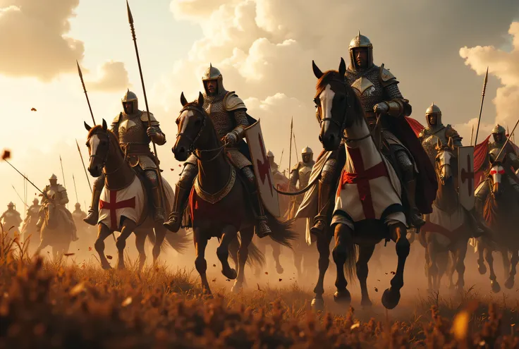 **Prompt:** Create an immersive hyper-realistic panoramic wide-angle image that draws viewers into the heart of medieval Christian Europe, emphasizing a carefully balanced composition. In the foreground, depict a courageous unit of Templar cavalry knights,...