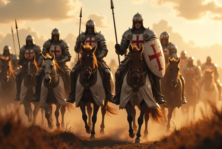 **Prompt:** Create an immersive hyper-realistic panoramic wide-angle image that draws viewers into the heart of medieval Christian Europe, emphasizing a carefully balanced composition. In the foreground, depict a courageous unit of Templar cavalry knights,...
