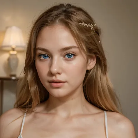 A young 18-year-old woman with an extremely realistic look. Her hair is strong and natural blonde, falling softly over her shoulders with a delicate sheen. Her eyes are of an intense light blue, radiant and deep,  transmitting purity and serenity . Her fac...