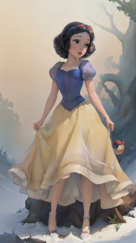 ((1 girl)), Masterpiece, (high quality, best render), (beautiful girl, snow white), (bomb, pin-up style), hot, floss, perfect body, araffed snow white in a yellow dress with a red bow, sexy snow white, portrait of snow white, pale snow white skin, 4k hd. s...