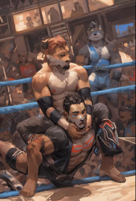 2 male furries in pro wrestling gear doing a submission move