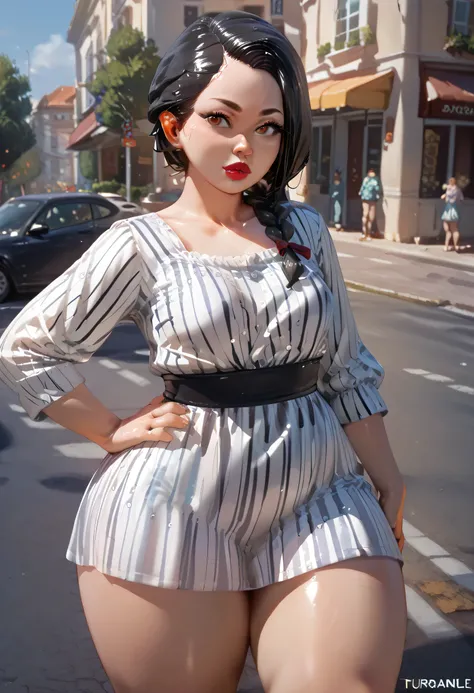 on street, perfect face, side braided, black hair, black eyebrows, thin eyebrows, big eyes, brown eyes, full lipstick, beautiful woman, striped tunic round dress, small breasts, hand on hip, (thick thighs:1.3)