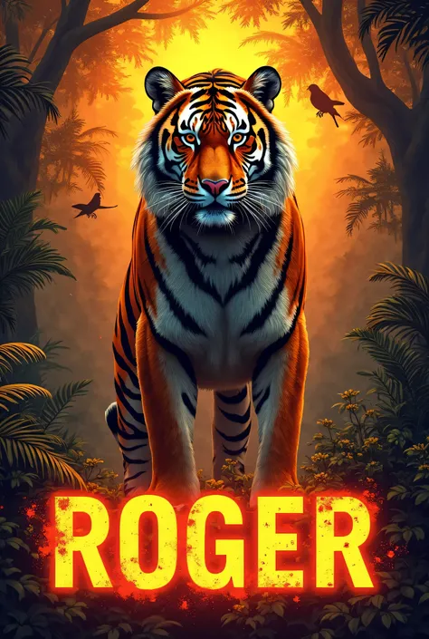 A visually stunning and extraordinary logo design featuring a majestic, mysterious realistic A standing tiger with intricately detailed stripes. The background transports the viewer to a jungle setting with orange and gold tones, surrounded by jungle and e...