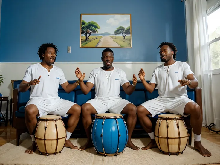 three black men, playing African drums, are wearing white clothes, Living room with blue walls. Original gongas , playing loudly with their hands