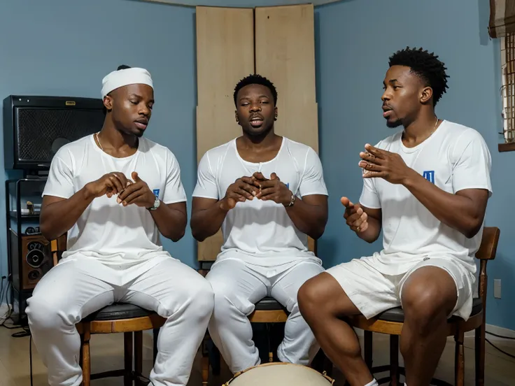 three black men, playing African drums, are wearing white clothes, Living room with blue walls. Original gongas , playing loudly with their hands