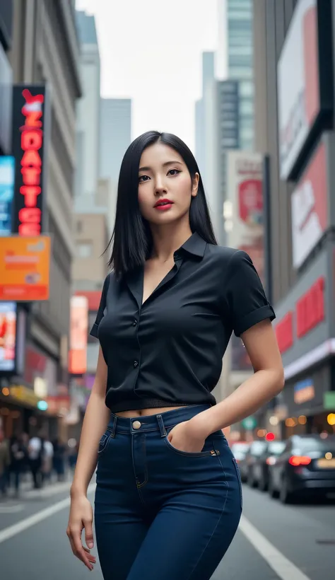 a beautiful woman, standing in the streets of the city, body facing front, wearing a black shirt and long denim pants in black, big boobs, red lips