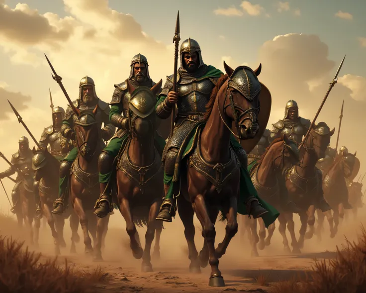**Prompt:** Create an immersive hyper-realistic panoramic wide-angle image that draws viewers into the heart of medieval islamic arabic, emphasizing a carefully balanced composition. In the foreground, depict a courageous unit of arabic Mujahideen cavalry ...
