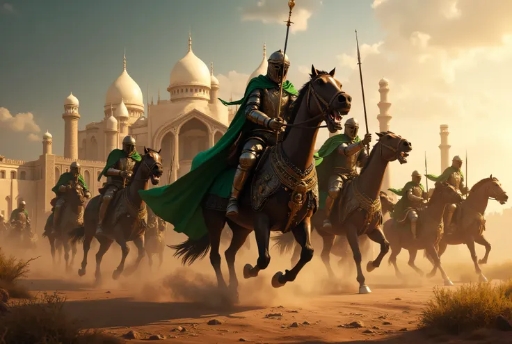 **Prompt:** Create an immersive hyper-realistic panoramic wide-angle image that draws viewers into the heart of medieval islamic arabic, emphasizing a carefully balanced composition. In the foreground, depict a courageous unit of arabic Mujahideen cavalry ...