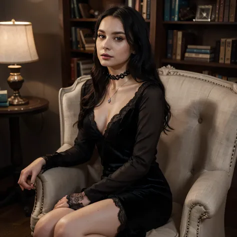 Dark goth queen with long wavy black hair, pale flawless skin, soft smoky eye makeup, deep plum lipstick, wearing an elegant black lace dress with long sleeves, delicate choker with a silver pendant, sitting on a velvet armchair in a dimly lit room, with d...