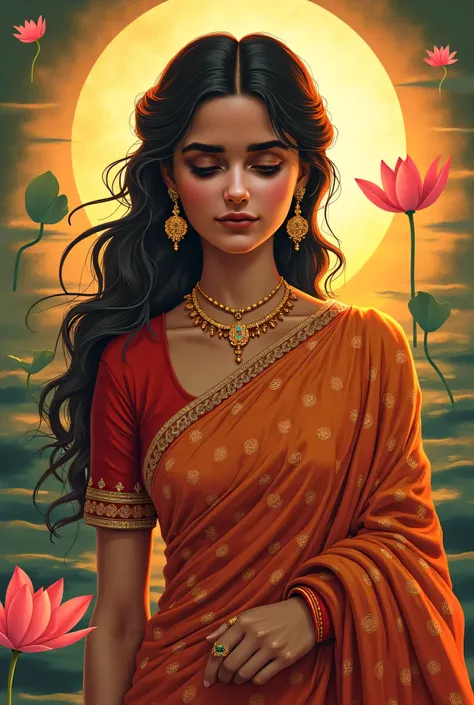 Create a rich and artistic depiction of a 25-year-old cute looking Indian woman embodying love, compassion, patience, and wisdom. She is adorned in a traditional saree with intricate patterns, symbolizing grace and depth. Her serene yet powerful expression...