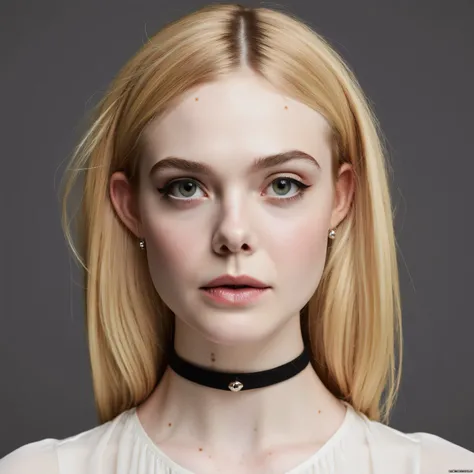 High-resolution close-up portrait photo of a beautiful woman with subtle eye lines and eye shadow to accentuate her eyes with straight blond hair looking directly at the camera with a neutral expression. She is wearing a tight, thin black choker with a sma...