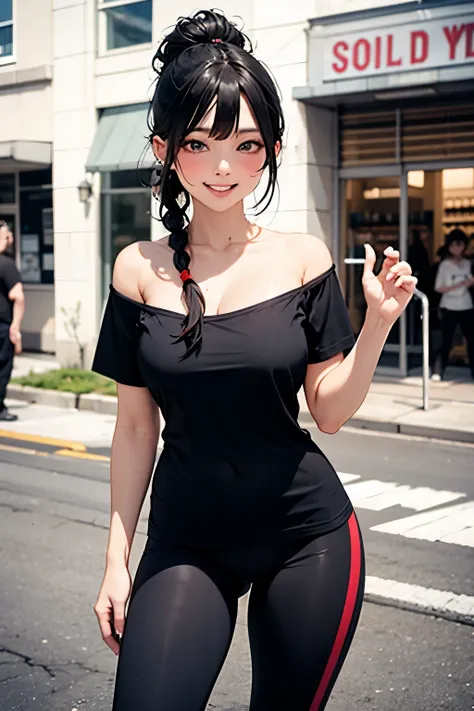 Sexy woman, black hair, single braid, seductive eyes, intense gaze, mouth parted, deep blush, flustered, beautiful face, amazing makeup, off shoulder t shirt, Black Yoga Pants with Red Strip, Smiling, BREAK, Standing against a wall, Outside a Liquor Store,...