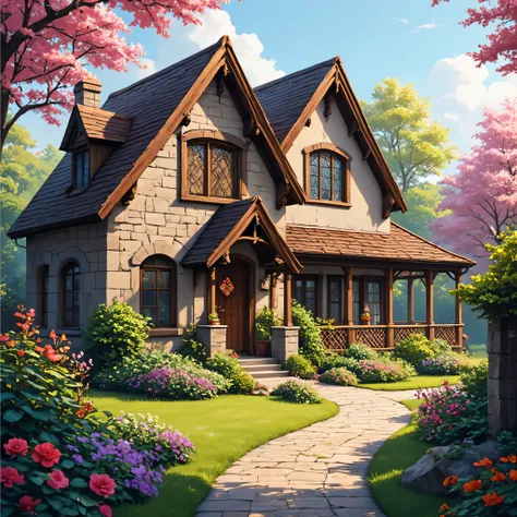 a digital painting of a charming cottage-style house.
Details:
Architecture:
The house has a European feel with its stone exterior, Tudor-style wooden beams, and arched windows.
Colors:
The color palette is warm and inviting, with the stone exterior, brown...