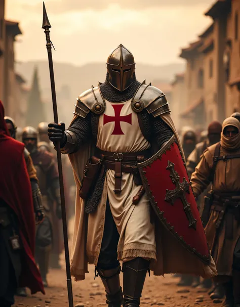 **Prompt:** Design an immersive hyper-realistic panoramic wide-angle image that invites viewers into the heart of medieval Christian Europe. Ultra-detailed christian villagers pilgrimage on the background. The composition should be symmetrically balanced, ...