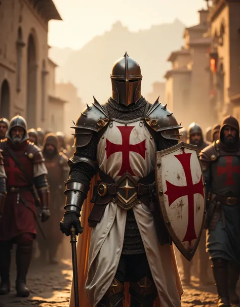 **Prompt:** Design an immersive hyper-realistic panoramic wide-angle image that invites viewers into the heart of medieval Christian Europe. Ultra-detailed christian villagers pilgrimage on the background. The composition should be symmetrically balanced, ...